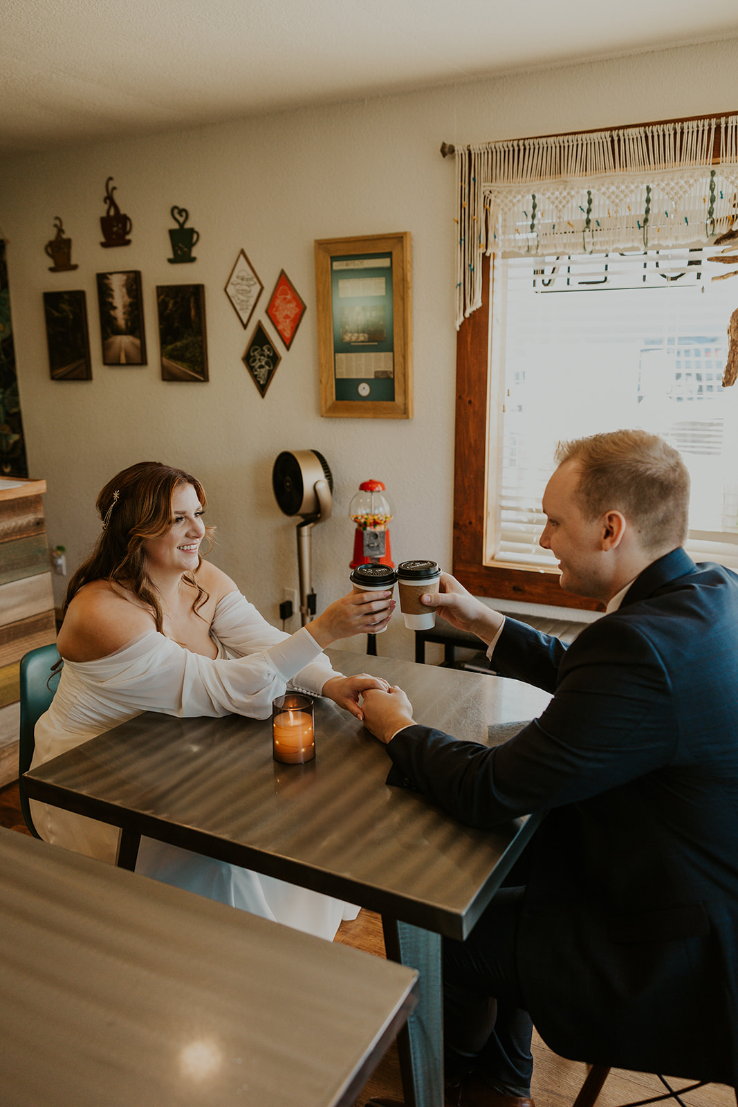 Coffee shop stop during an Oregon Coast elopement