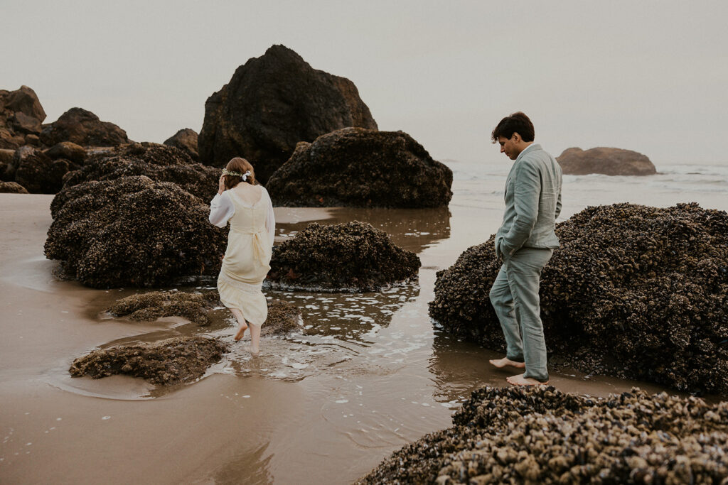 Tide pooling on the Oregon Coast during an elopement