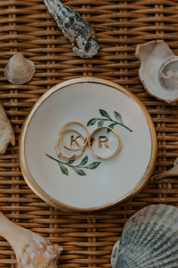 Flat lay photos with rings and ring dish
