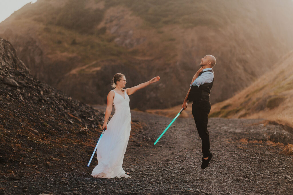 Star Wars "the force" wedding photo with light sabers