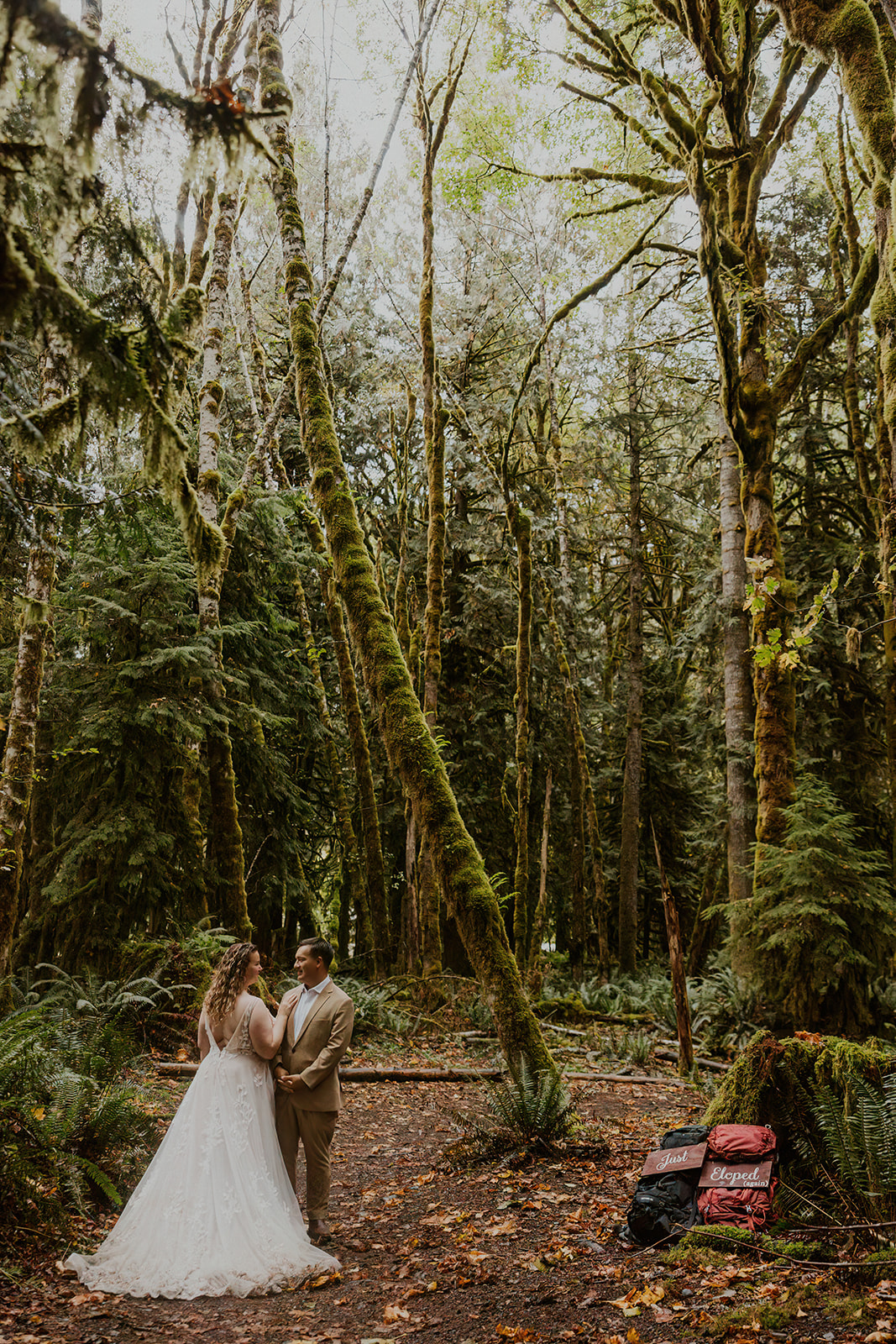 Olympic National Park elopement, backpacks with "just eloped" signs