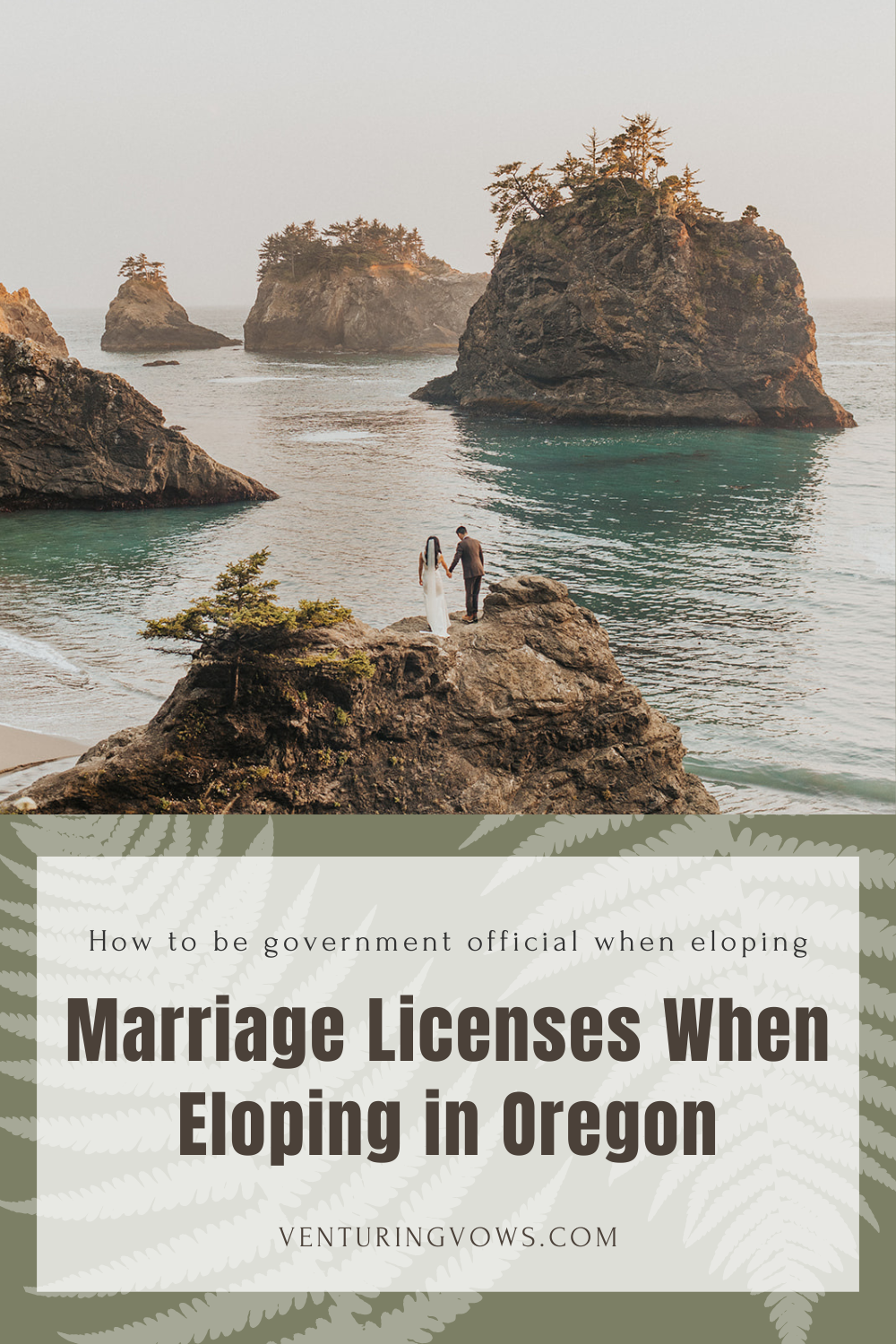 Couple standing on rock on the Oregon Coast in wedding attire, text reading "How to be government official when eloping, marriage licenses when eloping in Oregon"