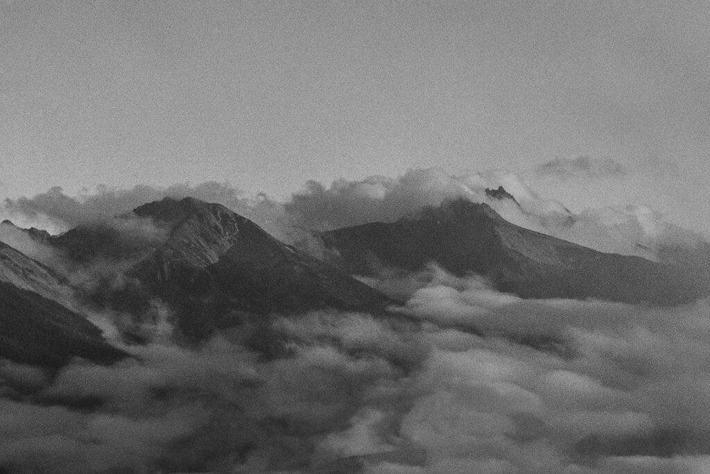 Black and white photo of cloud covered mountain at Hurricane Ridge in Olympic National Park on 35mm film