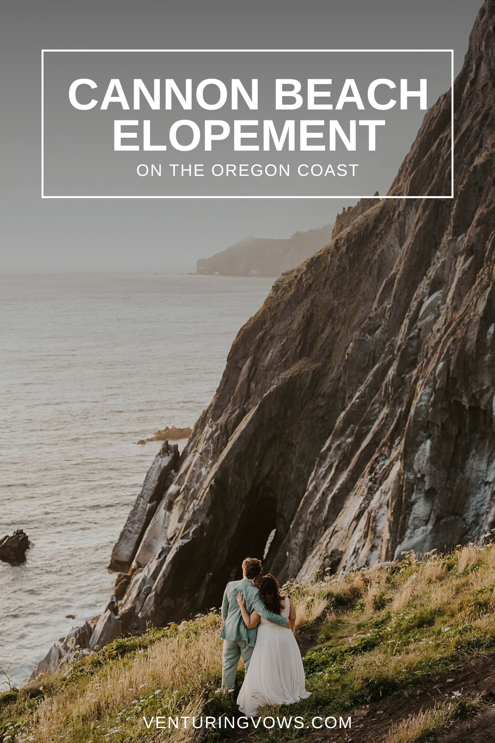 A couple standing on a cliff edge on the Oregon Coast during their elopement day