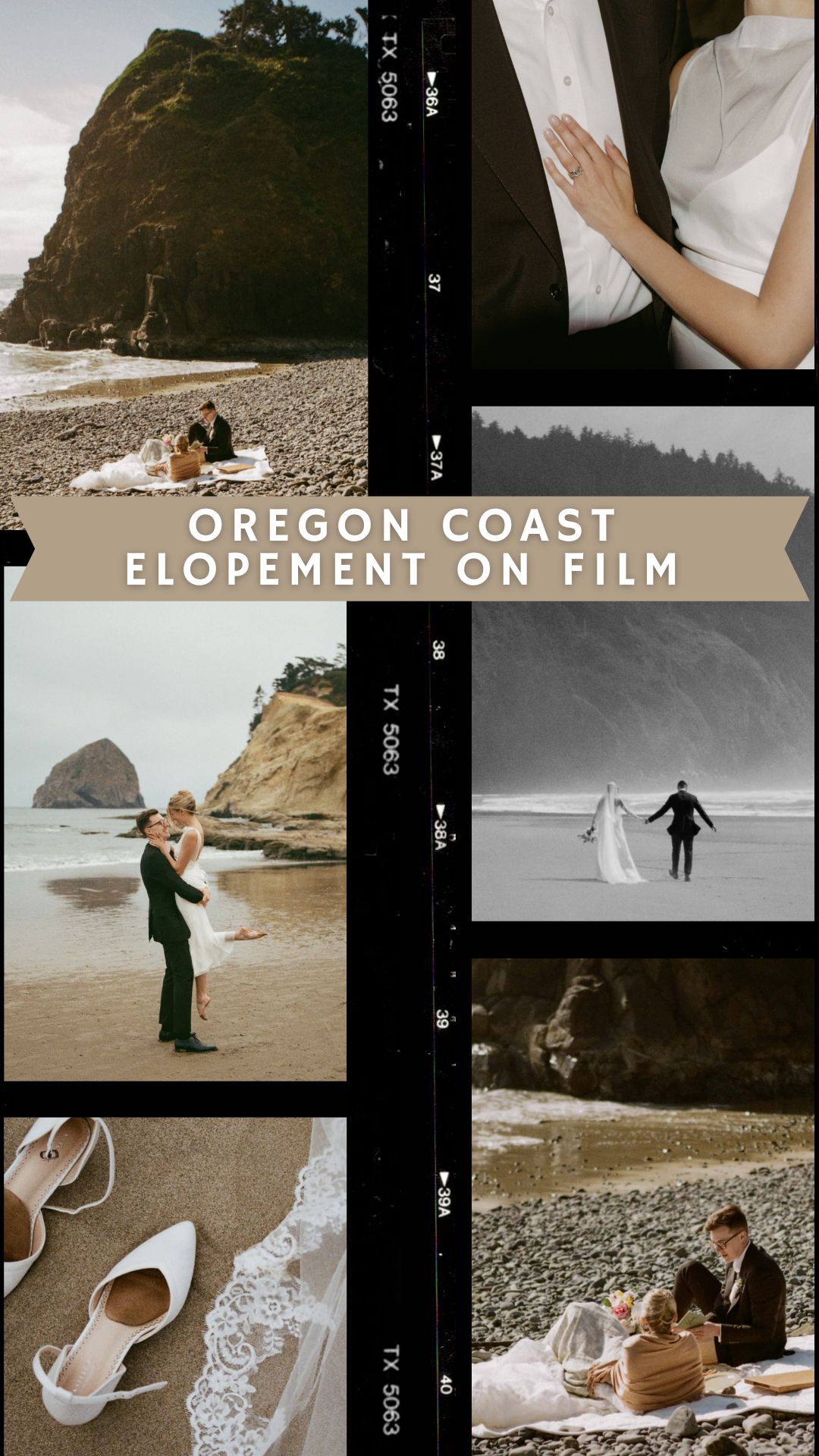 Pinterest cover with collage of 35mm film photos and text reading "Oregon Coast Elopement on Film"